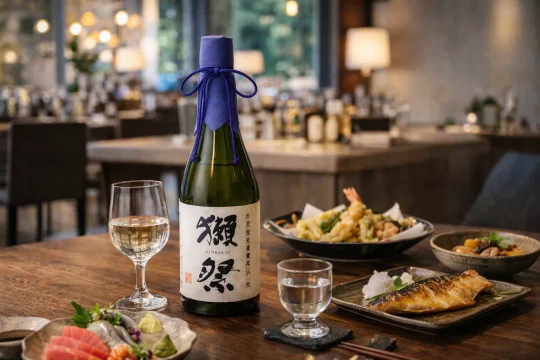 일본 사케와 일본 식사가 함께 놓여 준마이 다이긴죠의 소비 맥락을 보여주는 이미지