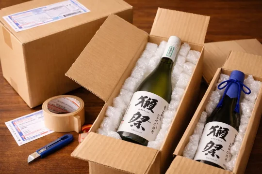 일본 사케 직구 과정에서 배송과 포장에 따라 가격 차이가 생기는 모습을 보여주는 이미지