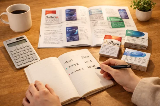 일본 담배 가격 정보를 확인한 뒤 자신에게 맞는 제품을 고르는 장면 이미지