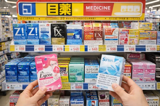 일본 돈키 안약 코너에서 대표 제품을 비교하는 현실적인 장면 이미지
