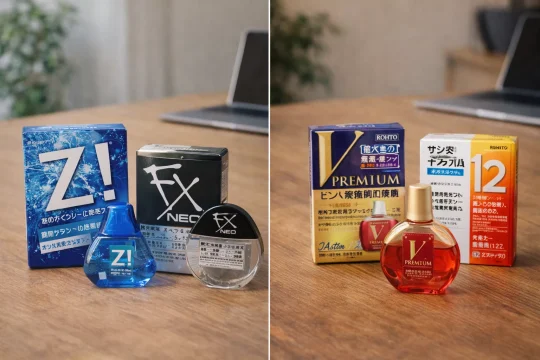 일본 돈키 안약 중 시원한 타입과 피로 케어 타입을 비교하는 제품 이미지