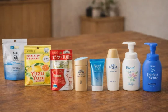 일본 화장품 추천 품목인 마스크팩과 선크림, 세안제를 함께 비교하는 이미지